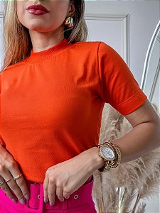 TSHIRT FEMININA ALGODÃO GOLA ALTA LARANJA