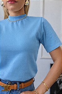 TSHIRT FEMININA ALGODÃO GOLA ALTA AZUL BEBE