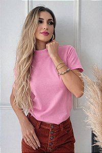 TSHIRT FEMININA ALGODÃO GOLA ALTA ROSA IORGUT