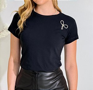 TSHIRT FEMININA ALGODÃO LAÇO STRASS / PRETA
