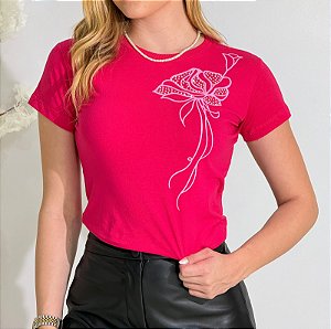 TSHIRT FEMININA ALGODÃO FLOR LATERAL / PINK