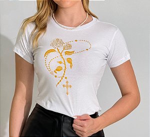 TSHIRT FEMININA ALGODÃO TERÇO DOURADO / BRANCA
