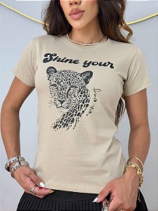 TSHIRT FEMININA ALGODÃO ONÇA COM STRASS / NUDE