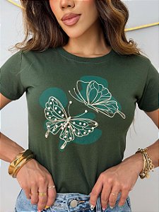 TSHIRT FEMININA ALGODÃO BORBOLETA PEROLAS / VERDE MILITAR