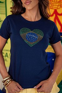 TSHIRT FEMININA ALGODÃO CORAÇÃO STRASS BRASIL / AZUL MARINHO