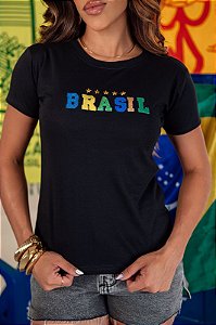 TSHIRT FEMININA ALGODÃO BORDADA BRASIL / PRETA