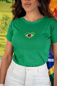 TSHIRT FEMININA ALGODÃO CORAÇÃO BORDADO / VERDE