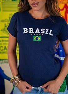 TSHIRT FEMININA ALGODÃO BRASIL BANDEIRINHA / AZUL MARINHO