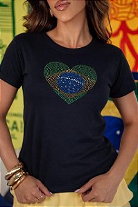 TSHIRT FEMININA ALGODÃO CORAÇÃO BRASIL STRASS / PRETA
