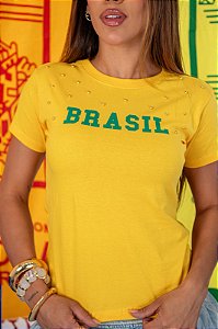 TSHIRT FEMININA ALGODÃO BRASIL PEROLAS / AMARELA
