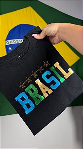 TSHIRT FEMININA ALGODÃO BRASIL APLICAÇÃO SEDA / PRETA