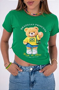 TSHIRT FEMININA ALGODÃO BRASIL URSO COM BOLSA / VERDE