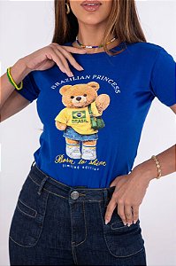 TSHIRT FEMININA ALGODÃO BRASIL URSO COM BOLSA / AZUL BIC