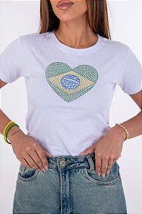 TSHIRT FEMININA ALGODÃO BRASIL CORAÇÃO STRASS / BRANCA