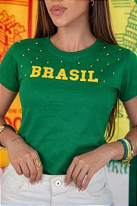 TSHIRT FEMININA ALGODÃO BRASIL PEROLAS / VERDE BANDEIRA