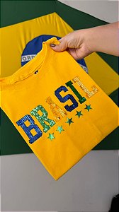TSHIRT FEMININA ALGODÃO BRASIL LANTEJOULAS / AMARELA