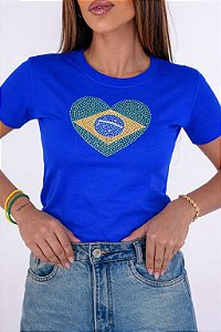 TSHIRT FEMININA ALGODÃO BRASIL CORAÇÃO STRASS / AZUL BIC