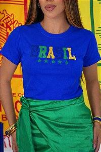 TSHIRT FEMININA ALGODÃO BRASIL LANTEJOULA / AZUL BIC