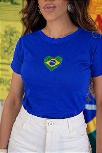 TSHIRT FEMININA ALGODÃO CORAÇÃO BORDADO / AZUL BIC