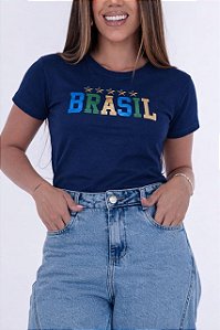 TSHIRT FEMININA ALGODÃO BRASIL APLICAÇÃO SEDA / AZUL MARINHO