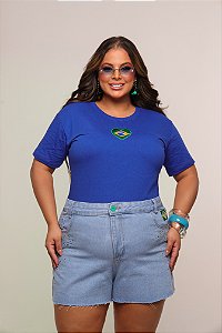 TSHIRT PLUS SIZE FEMININA BRASIL CORAÇÃO BORDADO / AZUL BIC