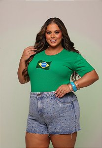 TSHIRT PLUS SIZE FEMININA BRASIL BANDEIRA BORDADO / VERDE BANDEIRA