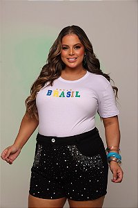 TSHIRT PLUS SIZE FEMININA BRASIL BORDADO / BRANCA