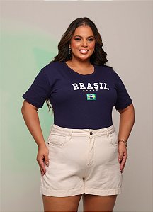 TSHIRT PLUS SIZE FEMININA BRASIL BANDEIRINHA BORDADO /AZUL MARINHO