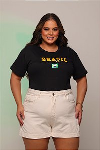 TSHIRT PLUS SIZE FEMININA BRASIL BANDEIRINHA BORDADO / PRETA