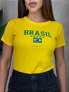 TSHIRT FEMININA ALGODÃO BRASIL BANDEIRA SILKSCREEN / AMARELA