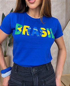 TSHIRT FEMININA ALGODÃO BRASIL ESCRITA BANDEIRA SILKSCREEN / AZUL BIC