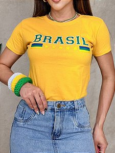 TSHIRT FEMININA ALGODÃO BRASIL LISTRAS LADO SILKSCREEN / AMARELA