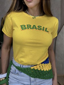 TSHIRT FEMININA ALGODÃO BRASIL SILKSCREEN / AMARELA