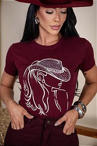 TSHIRT FEMININA ALGODÃO COUNTRY MULHER CHAPEU STRASS / MARSALA