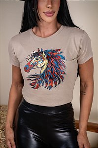 TSHIRT FEMININA ALGODÃO COUNTRY CAVALO COLORIDO / NUDE