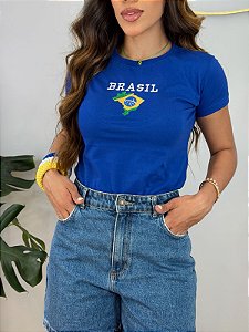 TSHIRT FEMININA ALGODÃO BORDADA BRASIL MAPA / AZUL BIC