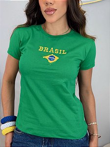TSHIRT FEMININA ALGODÃO BORDADA BRASIL MAPA / VERDE BANDEIRA