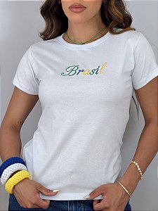 TSHIRT FEMININA ALGODÃO BORDADA BRASIL COLORIDO / BRANCA