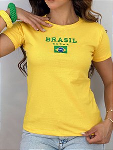 TSHIRT FEMININA ALGODÃO BORDADA BRASIL BANDEIRINHA / AMARELA