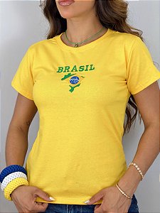 TSHIRT FEMININA ALGODÃO BORDADA BRASIL MAPA / AMARELA