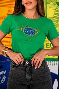 TSHIRT FEMININA ALGODÃO BRASIL MAPA STRASS / VERDE BANDEIRA