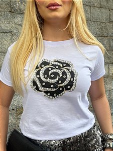 TSHIRT FEMININA ALGODÃO FLOR GRANDE PONTOS DE LUZ / BRANCA