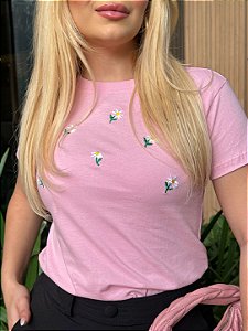 TSHIRT FEMININA ALGODÃO BORDADA FLORZINHAS / ROSA BEBE