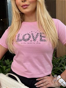 TSHIRT FEMININA ALGODÃO LOVE PONTOS DE LUZ / ROSA BEBE