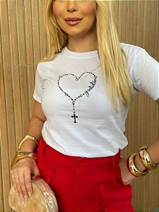 TSHIRT FEMININA ALGODÃO TERÇO GRATIDÃO / BRANCA
