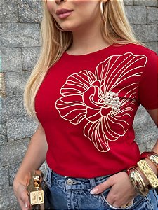 TSHIRT FEMININA ALGODÃO FLOR GRANDE MIOLO PEROLAS / VERMELHA