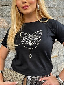 TSHIRT FEMININA ALGODÃO BORBOLETA STRASS / PRETA