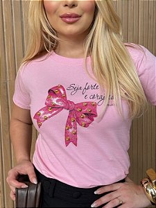 TSHIRT FEMININA ALGODÃO LAÇO PEROLAS / ROSA BEBE