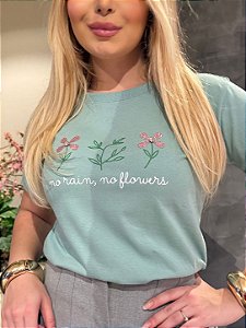 TSHIRT FEMININA ALGODÃO FLORES EM INGLES / VERDE MENTA