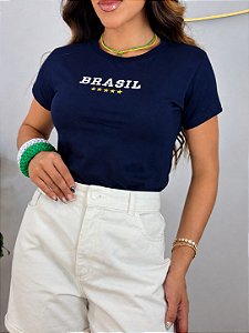 TSHIRT FEMININA ALGODÃO BORDADA BRASIL 5 ESTRELAS / AZUL MARINHO